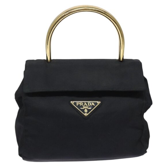 PRADA Hand Bag Nylon Navy Gold Auth JB052 - Picture 2 of 16